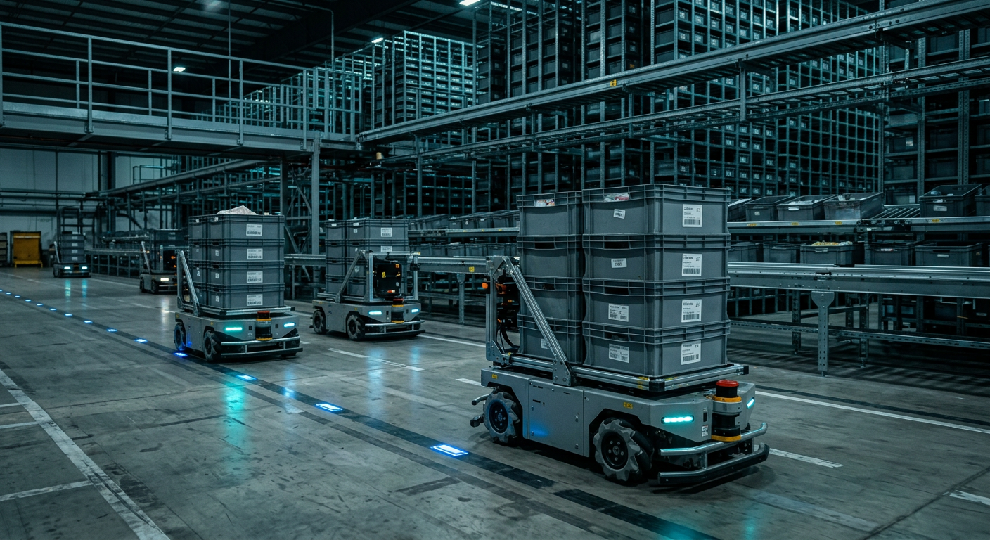 Autonomous mobile robots moving totes through an automated warehouse